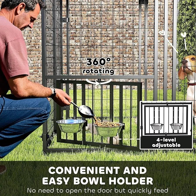 PawHut 4.6' x 4.6' x 5' Outdoor Dog Kennel, Welded Wire Heavy Duty Dog Run with 360° Rotating & 4 Level Adjustable Bowls, ...