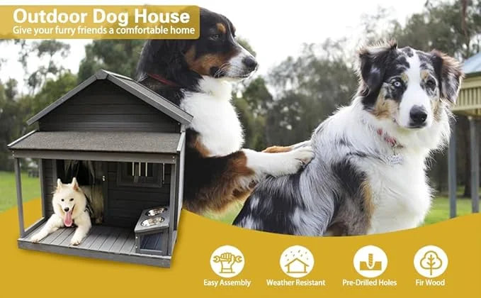YOTPO Large Outdoor Fir Wood Dog House with Spacious Terrace,Breathable Window&2 Feeding Stainless Bowls,Dog Kennel W/Soli...