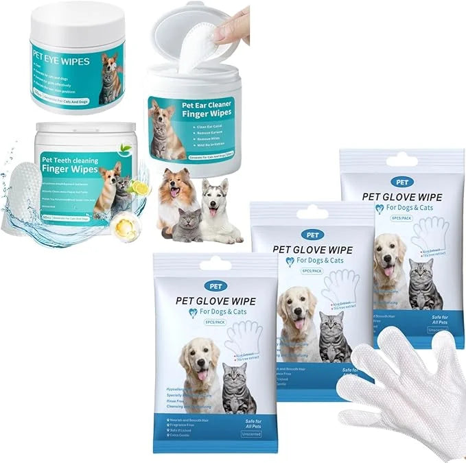 Pet Cleaning Wipes Kit For Dogs&Cats Daily Care and Traveling,includes 18 PCS Extra Thick Pet Bathing Glove Wipes,Ear/Teet...