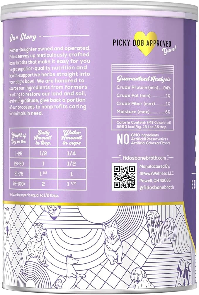 Fido's Grass-Fed Beef Bone Broth for Dogs 7oz with 94% Protein - Picky Eaters Human Grade Bone Broth Powder for Dogs - Mad...