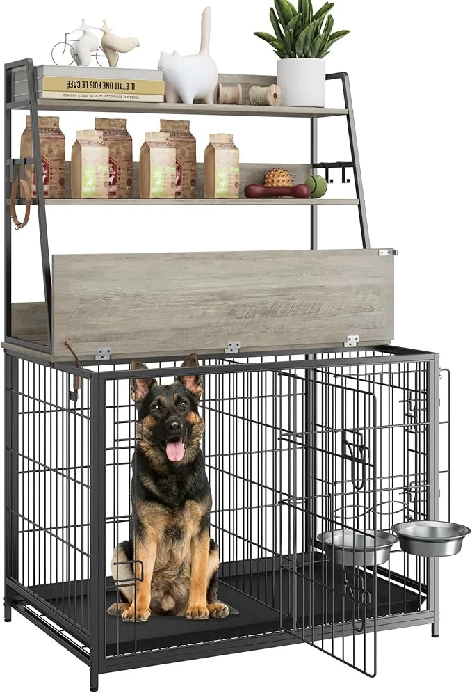 Furniture Style Dog Crate, Indoor Basic Dog Cage with 3-Layer Storage Shelves, Flip-up Top End Table Dog Cage, Dog Kennel ...