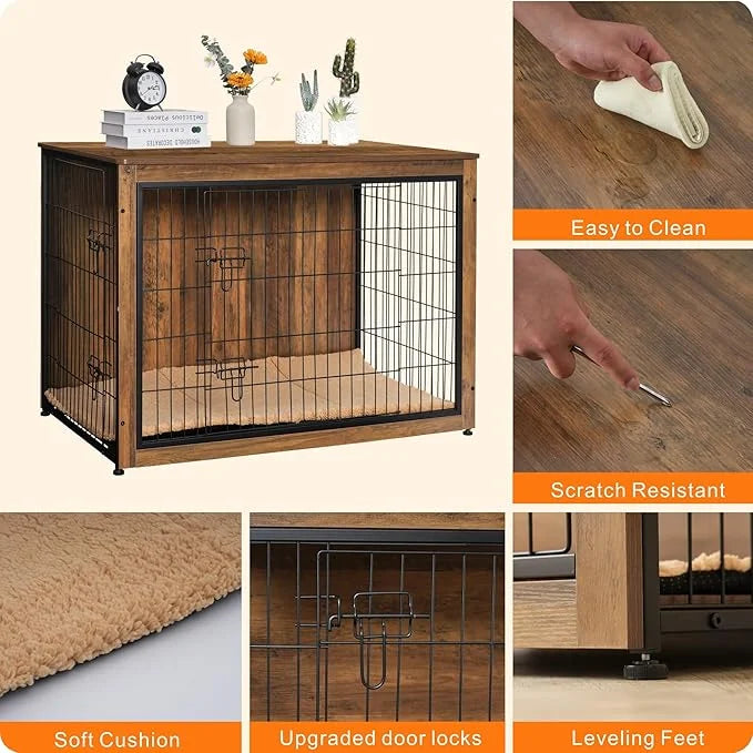 DWANTON Dog Crate Furniture with Cushion, Wooden Kennel Table with Double Doors, Indoor Dog House, Extra Large, 43.3" L, W...