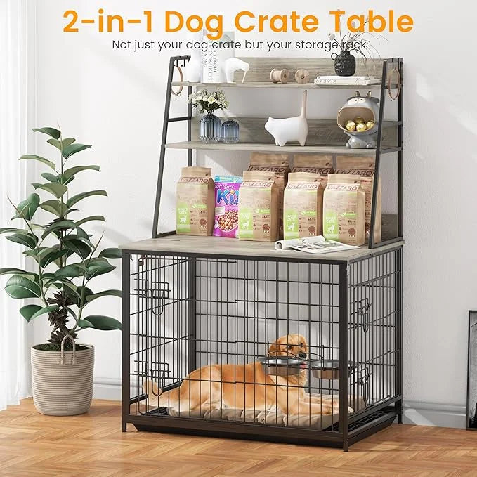 Dog Crate Furniture, 57 Inch Dog Kennel Furniture with Storage Shelves and Removable Tray, Indoor Dog House with 2 Doors a...