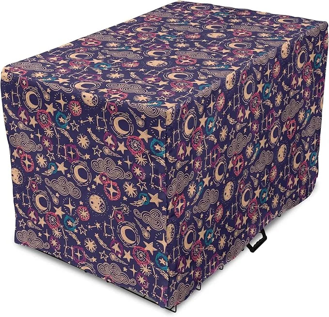 Lunarable Hipster Dog Crate Cover, Hand Drawn Starry Scene of Constellation Crescent Space-Themed Layout, Easy to Use Pet ...