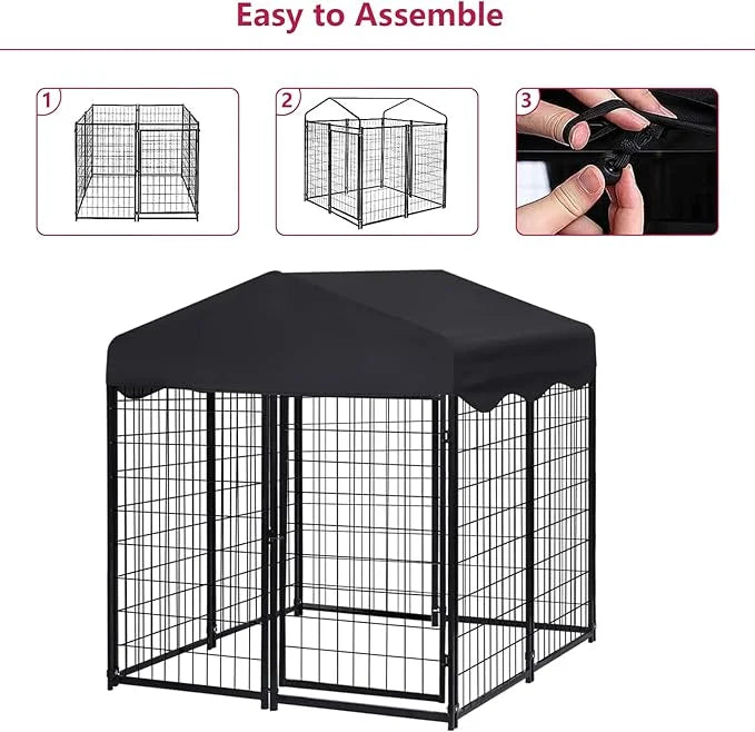 Heavy Duty Outdoor Dog House - Large Kennel with Roof, 4'L x 4'W x 4.5'H - Black Dog Crate with Cover, 2 Set - Product Image