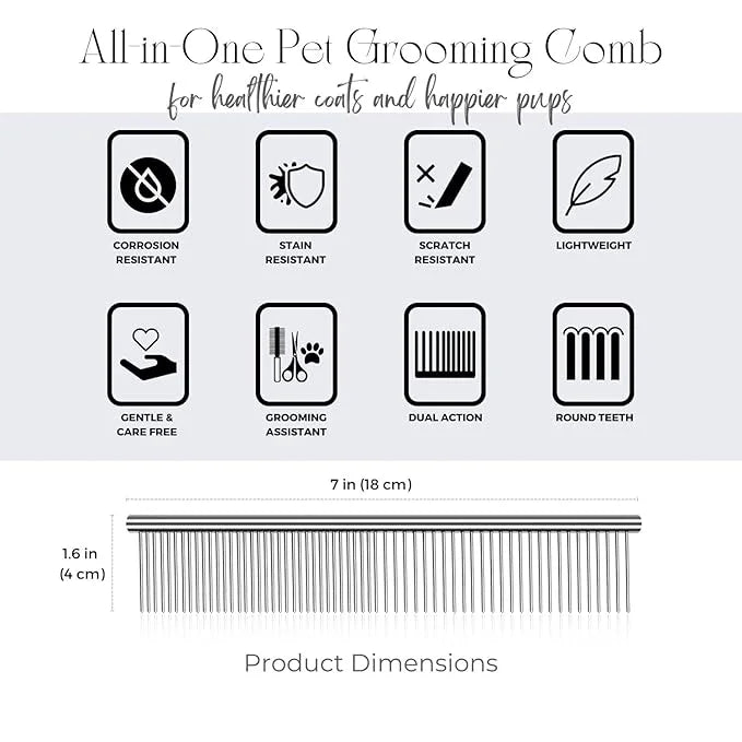 Flexzion Pet Grooming Comb Stainless Steel Cats Dogs Puppy Medium Animals Fur Trimmer Brush Accessory Tool With Smooth Tee...