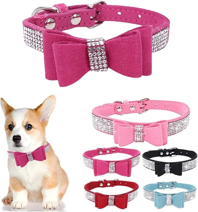 Hot Pink Medium Dog Collar for Girl,Diamond Dog Collar with Bow tie, Female Cat Collars Rhinestone Crystal Jeweled Bling S...