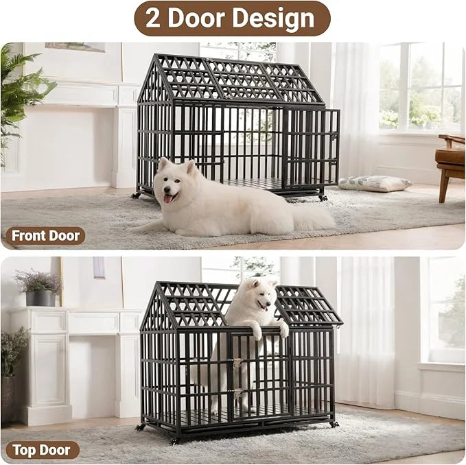 Heavy Duty Dog Crate, Escape Proof Dog Cage for Large Extra Large Dogs, 52 Inch, Dog Kennel Indoor with Lockable Wheels, I...