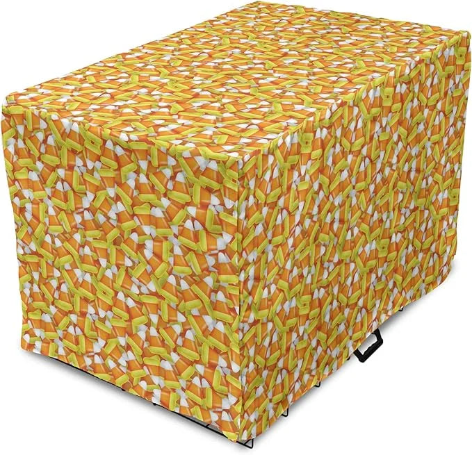 Lunarable Candy Corn Dog Crate Cover, Halloween Design of Cartoon Style Foods Scattered Randomly, Easy to Use Pet Kennel C...
