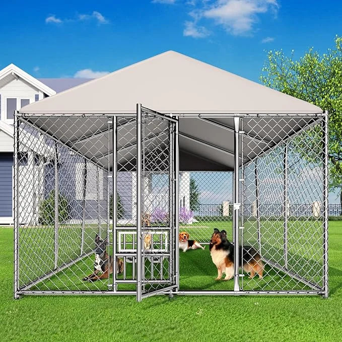 10 x 15FT Large Outdoor Dog Kennel with Bowls, Dog Kennel Outside with Waterproof Cover Roof, Galvanized Heavy Duty Chain ...