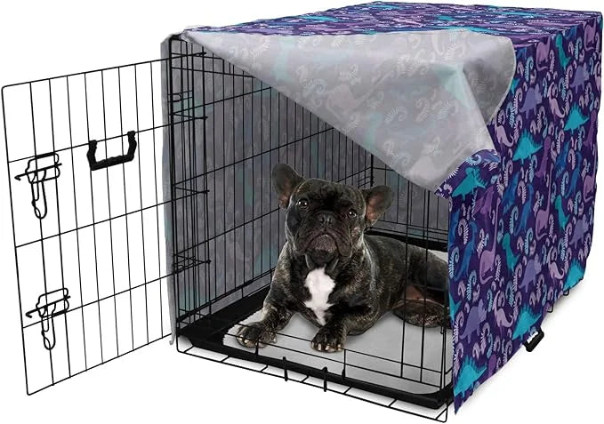 Lunarable Jurassic Dog Crate Cover, Abstract Cartoon Dinosaur Pattern Ferns Caricature Style Creatures Prehistoric, Easy t...