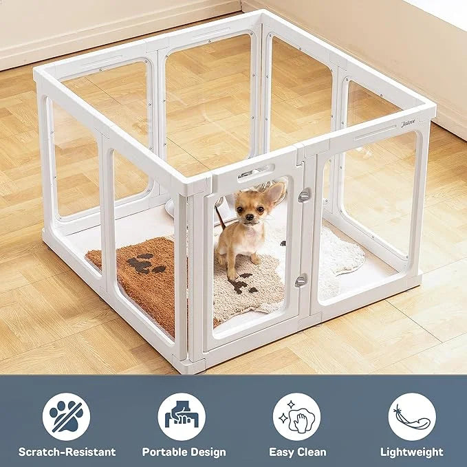 Clear Dog Playpen Indoor, 24" Acrylic Plastic Pet Play Pen with Door, Playpen for Puppy Cat Rabbit Ferret, Easy to Install...