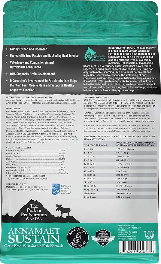 Annamaet Grain-Free Sustain Formula Dry Dog Food, (Line-Caught Cod & Free-Range Turkey), 12-lb Bag - Product Image