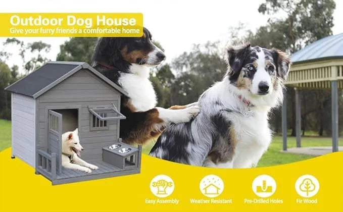 Open Waterproof Asphalt Roof Large Dogs House with Spacious Terrace,Outdoor Dog Kennel W/Small Wooden Door,Breathable Wind...