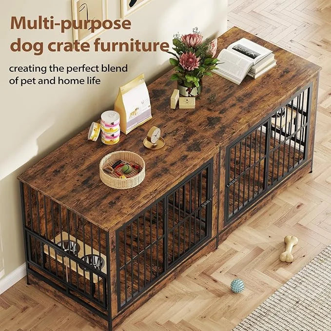 Rovibek 78 Double Dog Crate Furniture for 2 Large Dogs Indoor, Wooden Furniture Dog Crates with Dog Bowl, Dog Kennel Furni...