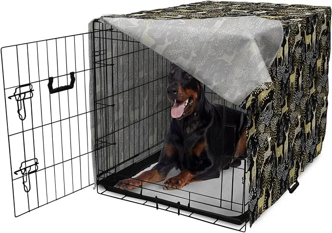 Ambesonne Christmas Dog Crate Cover, Nature Woodland and Deer Silhouettes with Oriental Ornaments Design, Easy to Use Pet ...