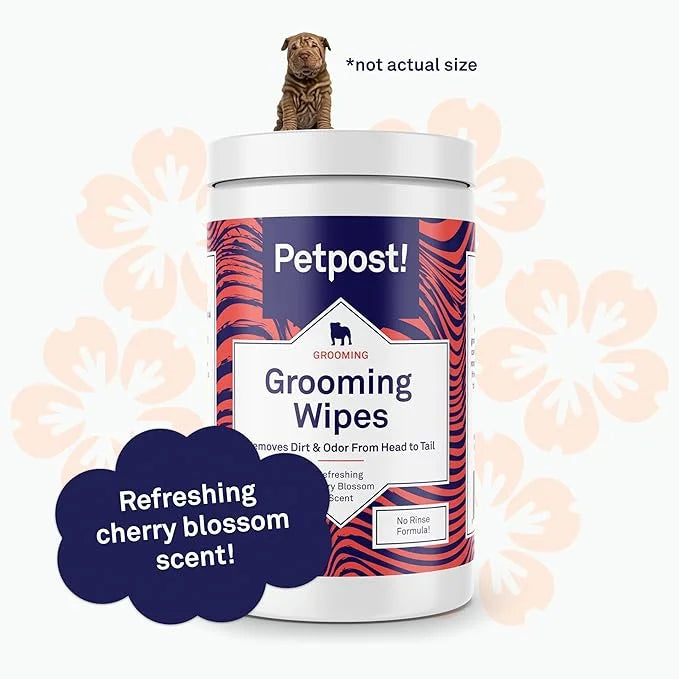 Petpost | Grooming Wipes for Dogs - Large, Deodorizing Wipes with Cherry Blossom Scent - 70 Ultra Soft Cotton Pads in Clea...