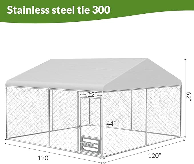 Rovibek 10x10 Ft Outdoor Dog Kennel, Outside Dog Kennel with Roof, Dog Kennels Outdoor with 2 Steel Dog Bowls, Outside Ken...