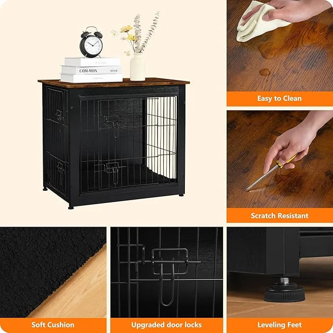 DWANTON Dog Crate Furniture with Cushion, Wooden Kennel Table with Double Doors, Indoor Dog House, Small/Medium/Large Size...
