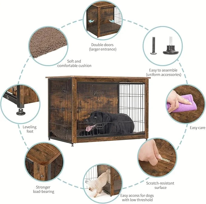 DWANTON Dog Crate Furniture with Cushion, Wooden Dog Crate Table, Double Doors Dog Furniture, Indoor Dog Kennel, Dog House...