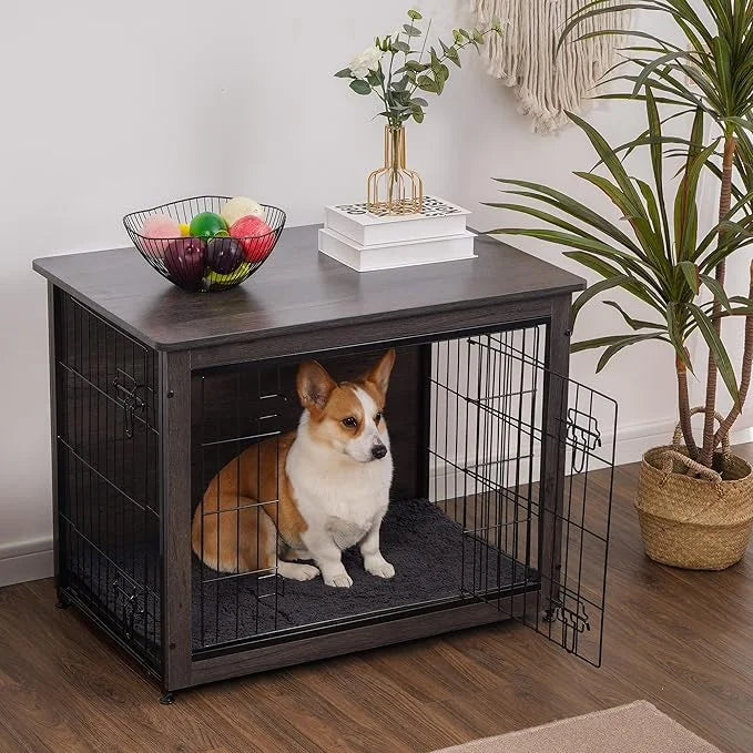 DWANTON Dog Crate Furniture with Cushion, Wooden Kennel Table with Double Doors, Indoor Dog House, Medium Size, 32.5" L, D...