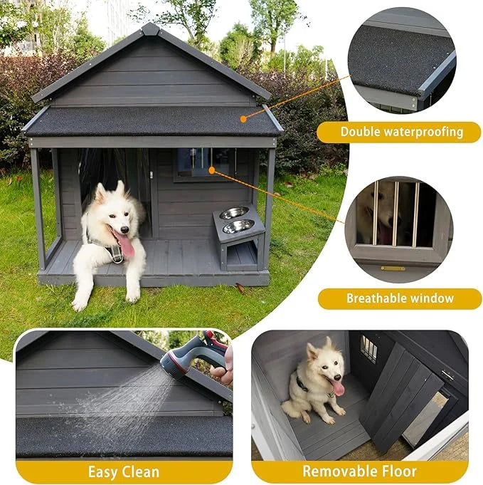 YOTPO Large Outdoor Fir Wood Dog House with Spacious Terrace,Breathable Window&2 Feeding Stainless Bowls,Dog Kennel W/Soli...