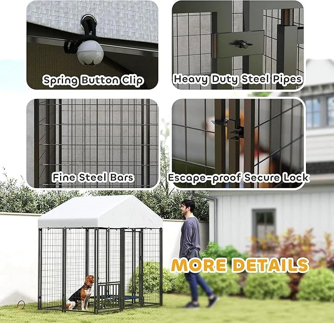 PawHut 5.9' x 4' x 6' Outdoor Dog Kennel, Welded Wire Heavy Duty Dog Run with 360° Rotating & 4 Level Adjustable Bowls, Do...