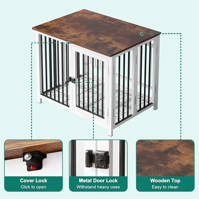 Heavy Duty Dog Crate Furniture, Fully Assembled exc. Locks, All Metal Frame & Wooden Tabletop, Modern Kennel for Small Dog...