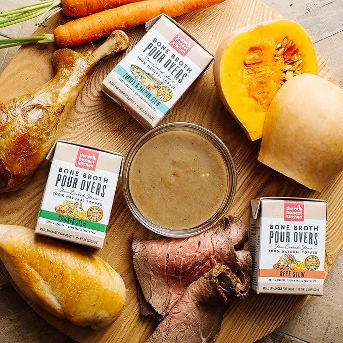 The Honest Kitchen Bone Broth POUR OVERS™ Wet Toppers for Dogs (12 pack), 5.5oz - Turkey & Salmon Stew - Product Image