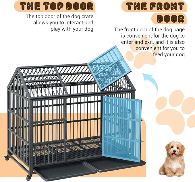 Heavy Duty Dog Crate, 52 Inch Dog Crate with Double Door, 360° Lockable Wheels and Removable Tray, Easy to Assembly,Indoor...