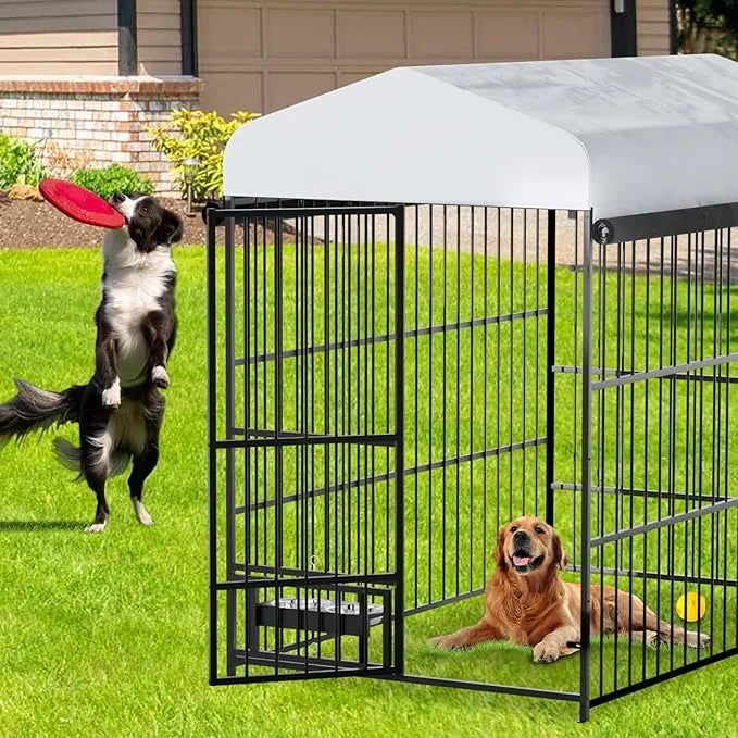 Outdoor Dog Kennel - 6.6 x 3.9 x 5.9 ft Outside Dog Kennel with Roof,Large Dog Outdoor Kennel with Rotating Feeding Bowls ...