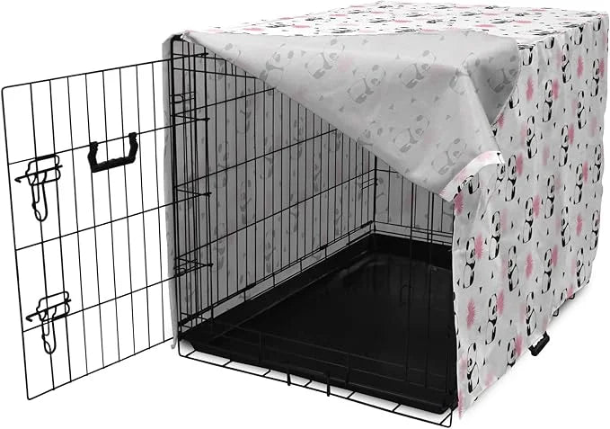 Lunarable Panda Dog Crate Cover, Cartoon Style Bear Drawings Pinkish Foliage Leaves Chinese, Easy to Use Pet Kennel Cover ...