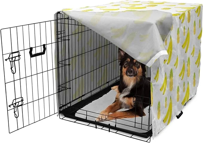 Lunarable Yellow Pineapple Dog Crate Cover, Continuous Ananas and Banana Tropical Fruits Print, Easy to Use Pet Kennel Cov...