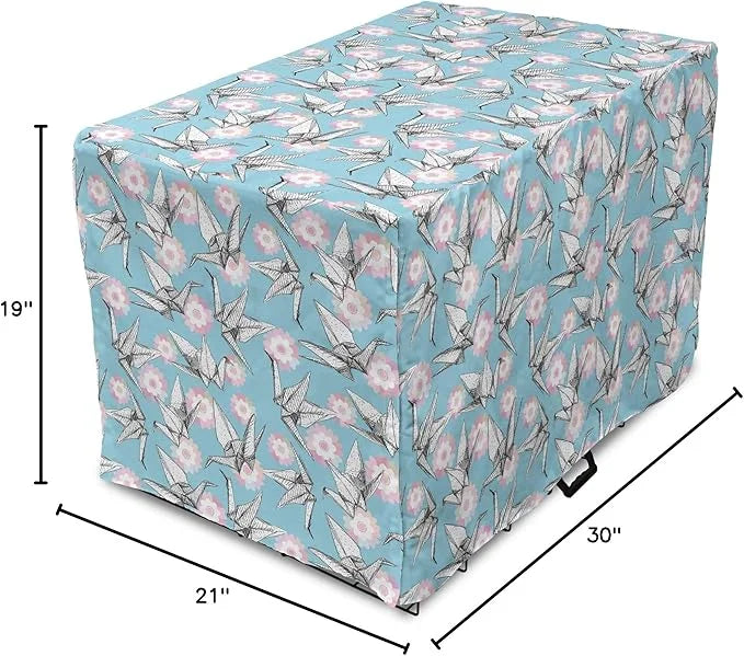 Lunarable Origami Dog Crate Cover, Japanese Tradition Paper Cranes and Cherry Blossom Petals Spring, Easy to Use Pet Kenne...