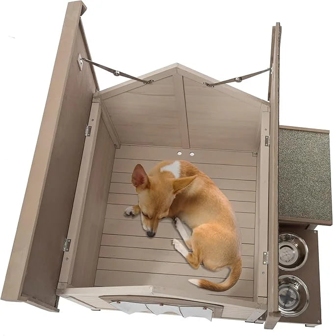 NicBex Dog Houses for Small Medium Large Dogs with Open Roof,Storage Box,2 Feeding Bowls Outdoor & Indoor,Wooden Puppy She...
