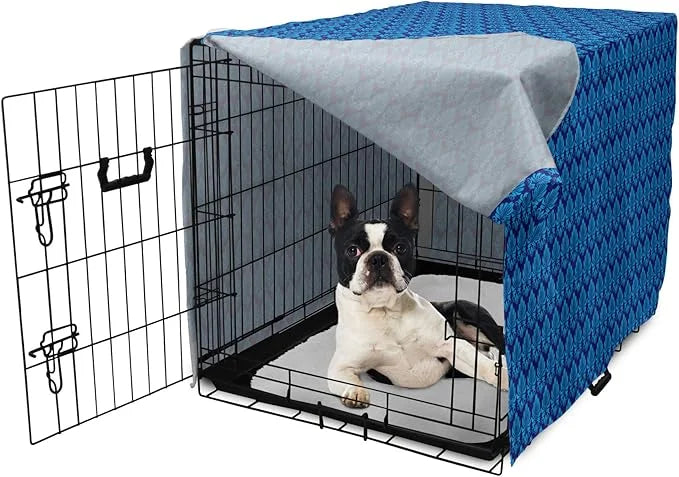 Lunarable Damask Blue Dog Crate Cover, Repeating Simplistic Pattern Rococo Inspired Royalty Essential Motif, Easy to Use P...