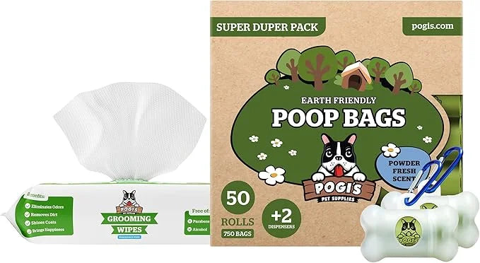 Pogi's Dog Walk n' Wipe Combo - Pogi's 750 Dog Poop Bags + 2 Poop Bag Holders and 100 Plant-based Grooming Wipes Bundle - ...