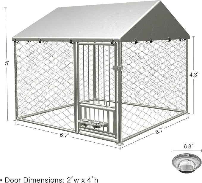 Large Outdoor Dog Kennel, Heavy Duty Galvanized Steel Dog Enclosure with Swivel Feeder, Chicken Coop w/Waterproof UV-Resis...