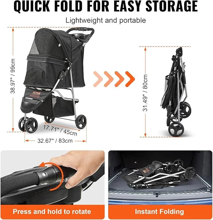 VEVOR Pet Stroller for Dogs and Cats up to 35lbs, 3 Wheels Folding Dog Cat Stroller for Medium Small Dogs, Portable Lightw...