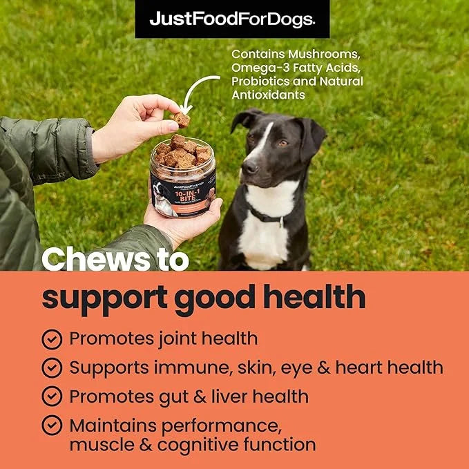 JustFoodForDogs 10-in-1 Multifunctional Supplement Chews for Dogs, Superfood Blend, Glucosamine, Omega-3 Fatty Acids, Skin...