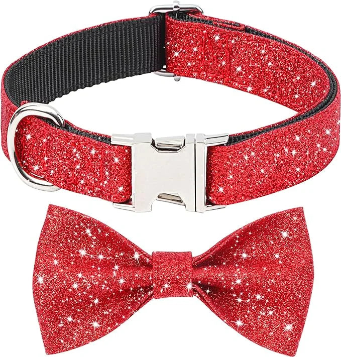 Bling Bow Tie Dog Collar and Leash Set, Red Christmas Dog Collar with Bow and 5ft Leash for Small Medium Dogs, Cute Walkin...