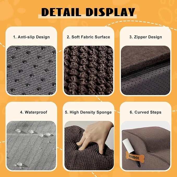 High Density Foam Dog Stairs Ramp for Beds Couches, Romrol Pet Steps with Durable Non-Slip Waterproof Fabric Cover, Dog Sl...