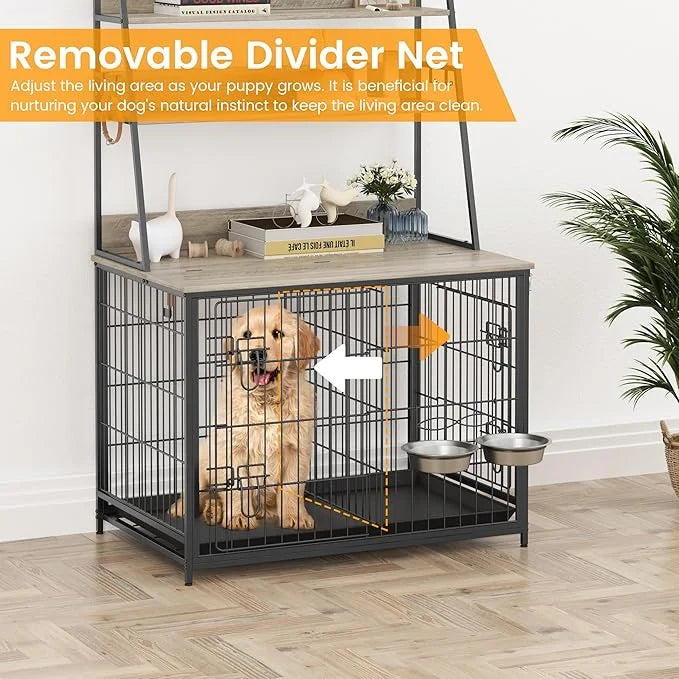 Dog Crate Furniture, 57 Inch Dog Kennel Furniture with Storage Shelves and Removable Tray, Indoor Dog House with 2 Doors a...