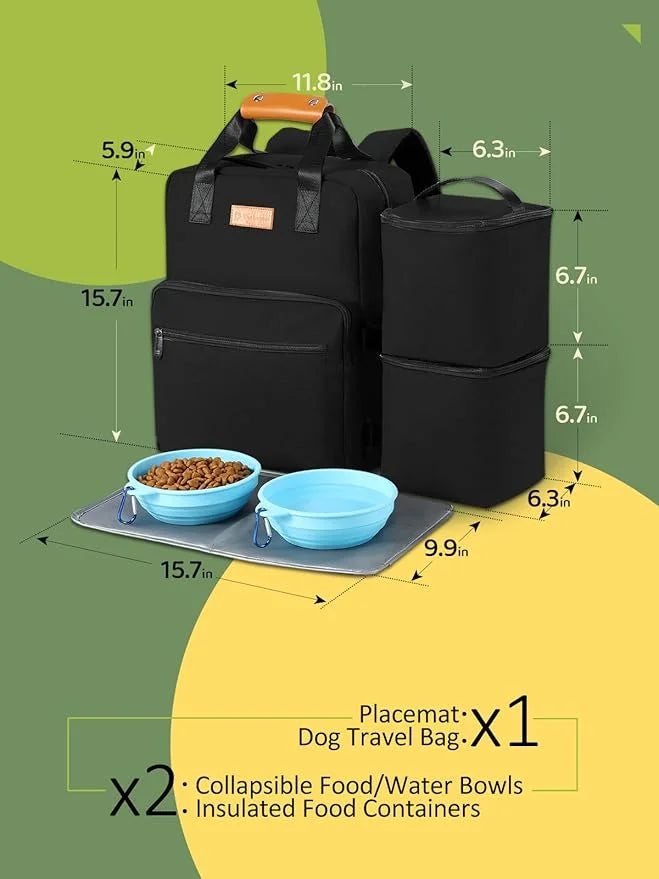 Dog Travel Bag, Airline Approved Organizer Backpack with Multi-Function Pockets, 25L Accessories Set with 2 Food Storage C...