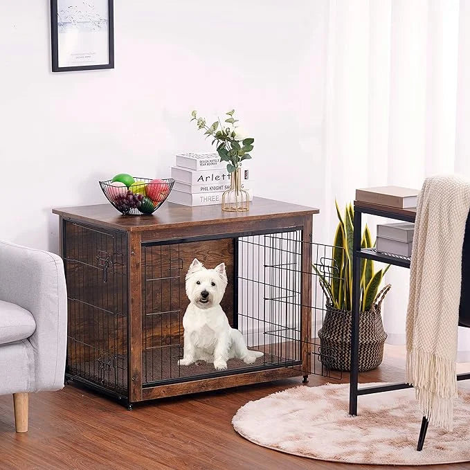 DWANTON Dog Crate Furniture with Cushion, Wooden Kennel Table with Double Doors, Indoor Dog House, Small/Medium/Large/Extr...