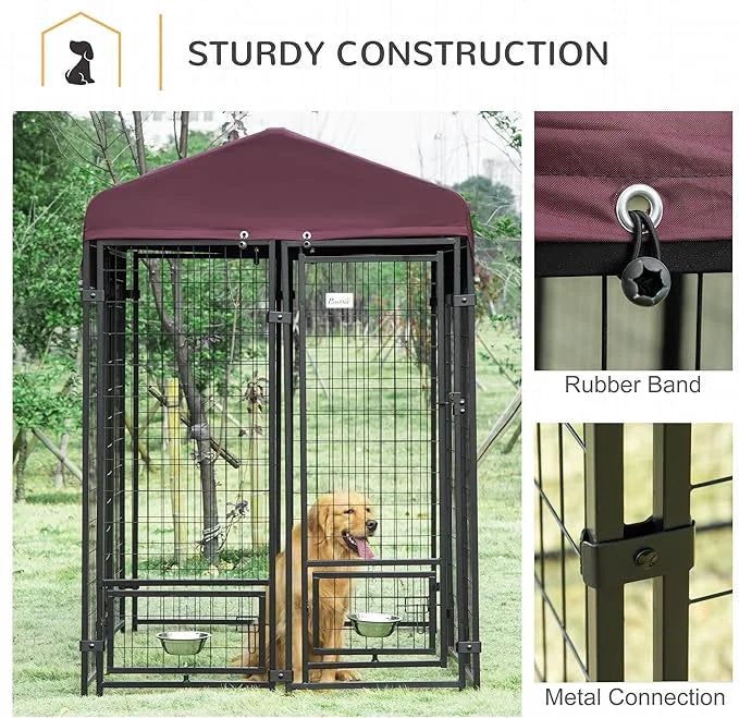 PawHut 8' x 4' x 6' Outdoor Dog Kennel with Rotating Bowl Holders, Walk-in Pet Playpen, Welded Wire Steel with Water and U...