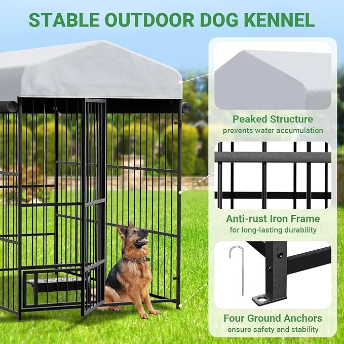 6.6 x 3.9 x 5.9 FT Outdoor Dog Kennel with Roof, Large Dog Kennel Outdoor with Rotating Feeding Bowls, Waterproof and Sunp...