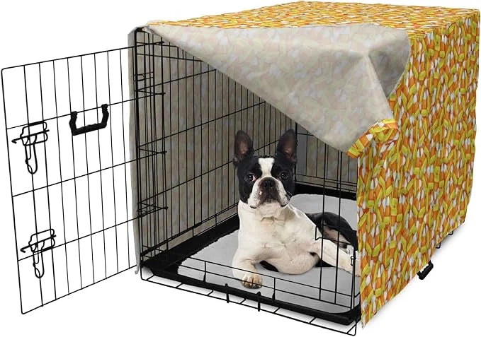 Lunarable Candy Corn Dog Crate Cover, Halloween Design of Cartoon Style Foods Scattered Randomly, Easy to Use Pet Kennel C...
