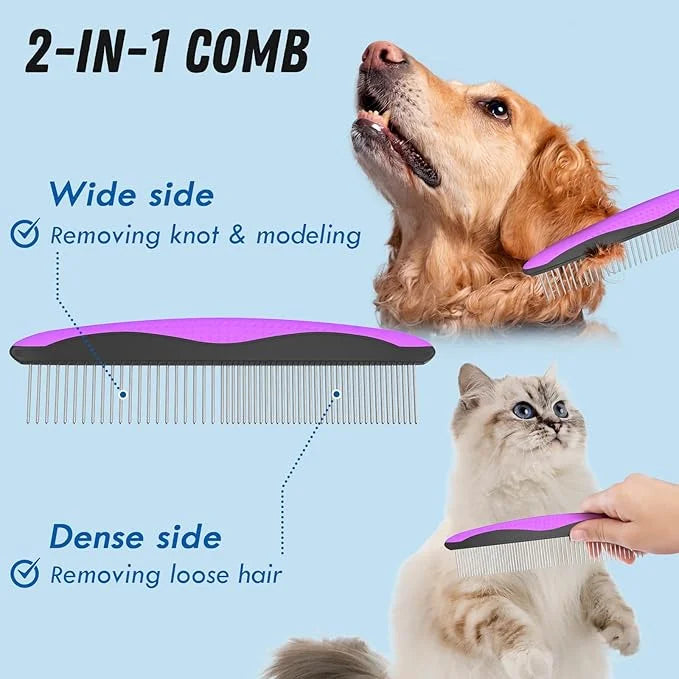 Pet Grooming Brush and Metal Comb Combo - Undercoat Rake for Dematting and Deshedding Long Matted Haired Dogs and Cats, Pu...