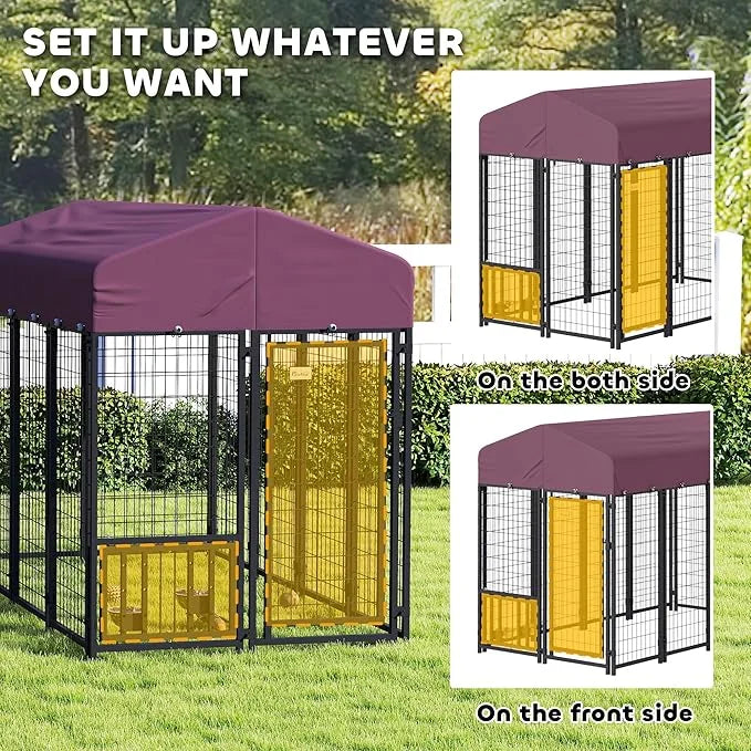 PawHut 7.9' x 4' x 6' Outdoor Dog Kennel, Welded Wire Heavy Duty Dog Run with 360° Rotating & 4 Level Adjustable Bowls, Do...
